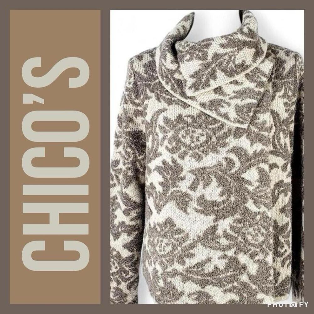 Chico's Khaki & Brown Long Sleeve Cardigan Sweater Size Small Acrylic Blend